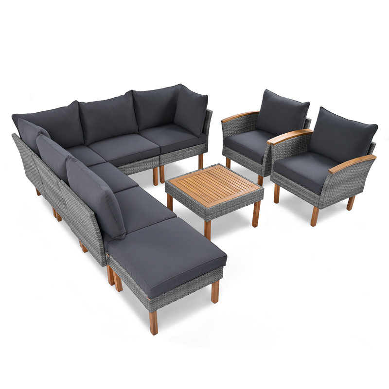 GO 9-Piece Patio Rattan Furniture Set, Outdoor Conversation Set With Acacia Wood Legs And Tabletop, PE Rattan Sectional Sofa Set With Coffee Table, Washable Cushion, Gray