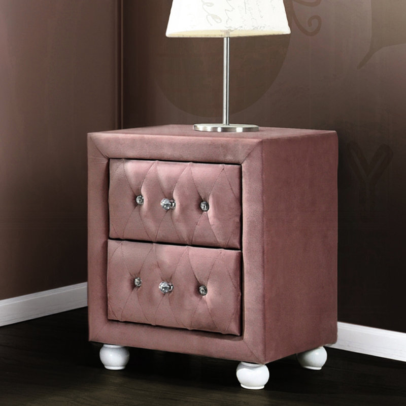 Table de chevet rose rembourrée avec 2 tiroirs - Fabrication en mousse et en bois, poignées, pieds blancs en bois tropical, poignées
