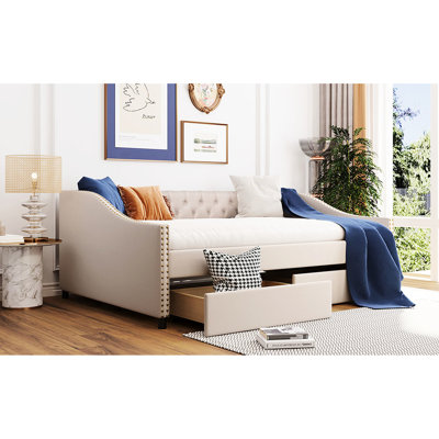 Beige Daybed With Two Drawers And Stable Wood Slat Structure - Make Your Home A Haven Of Comfort Style Full Size Drawers, Upholstery & Back Enhance Living Space