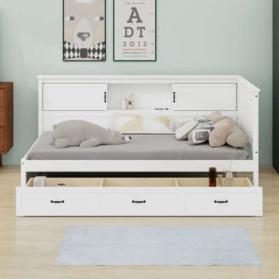 Corner Wooden Captain Bed with  Drawer, LED Downlight and USB Port for Bedroom