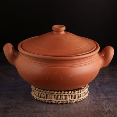 Unglazed Clay Pot For Cooking | Earthen Kadai | Round Terracota Kadai | Clay Handi For Serving With Lid 2l, Red | Includes Free Palm Leaf Stand