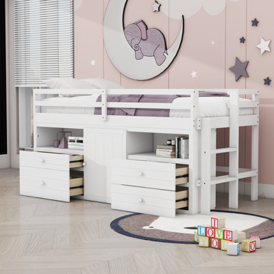 Jayneen Twin Size Wood Loft Bed With 4 Drawers And Shelves,Ladder