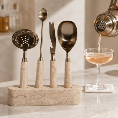 Travertine and Steel Bar Tool Set with Stand in Gift Box  for Home Bar Cocktail Mixing - Bar Accessories for Dining Table - Set of 4,12", Cream & Gold