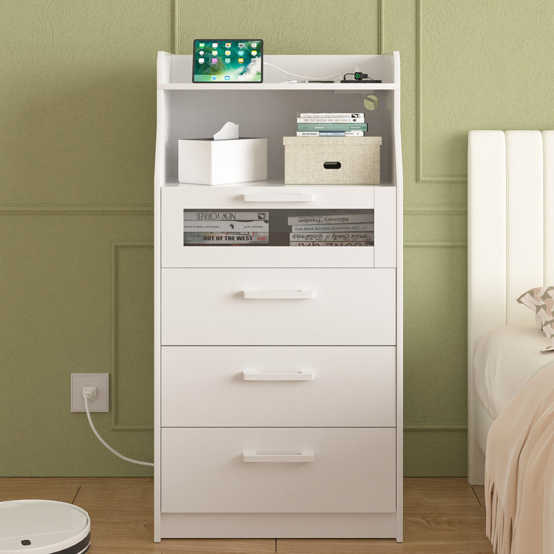 4 Drawer Tall Wood Dresser, Vertical Dresser With Charging Station And LED Lights, Drawer Chest For Bedroom