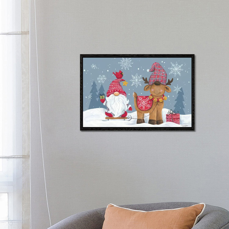 Snowy Gnome With Reindeer by Diane Kater - Print on Canvas, 66.04 cm H x 45.72 cm W, Black Framed