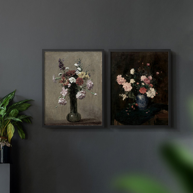 Impression florale rétro - ensemble de 2, Noir, noir, noir, noir, H 17 po x l 42 po