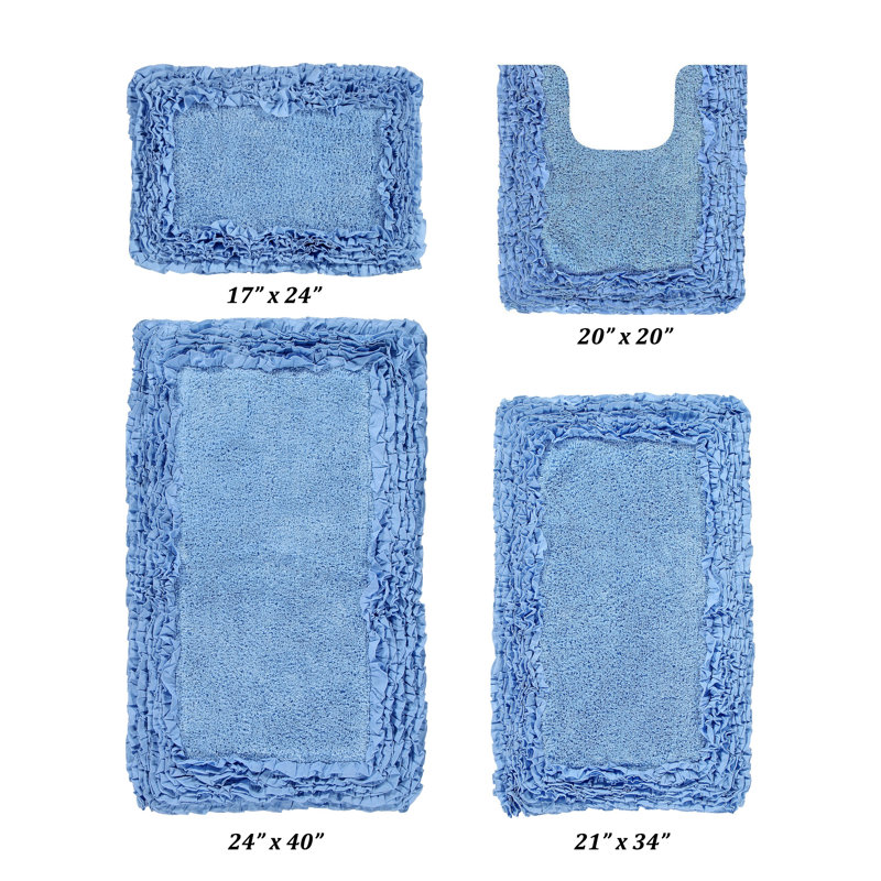 Ensemble de tapis de bain 100% coton 1775 g / m² 4 pièces Courson Premium, certifié OEKO-TEX®, envers en latex antidérapant, motif de volants touffetés moelleux, super absorbant, tapis de salle de bain lavables à la machine, bleu