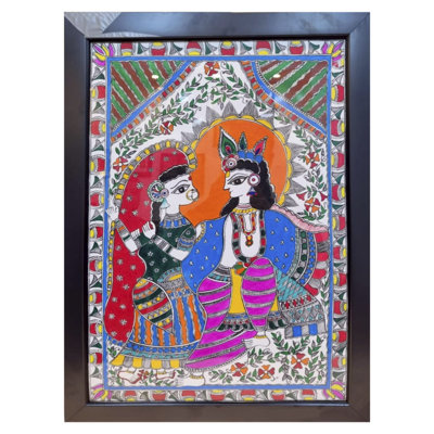 Radha et Krishna assis ensemble | Acrylique sur papier fait à la main | Par Muskan | Avec cadre