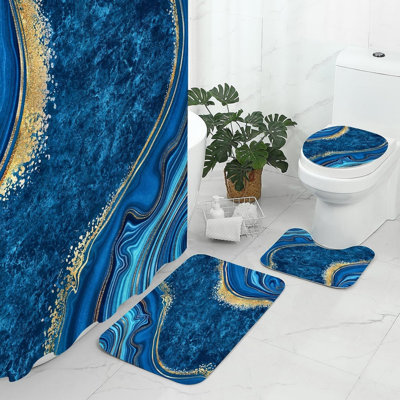 Set of 4 Blue Gold Marble Agate Pattern Bathroom Sets with Shower Curtain