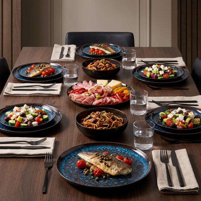 Artisanal Oceanic Blue Bone Porcelain Dinnerware Set (12-Piece Service for 4)
