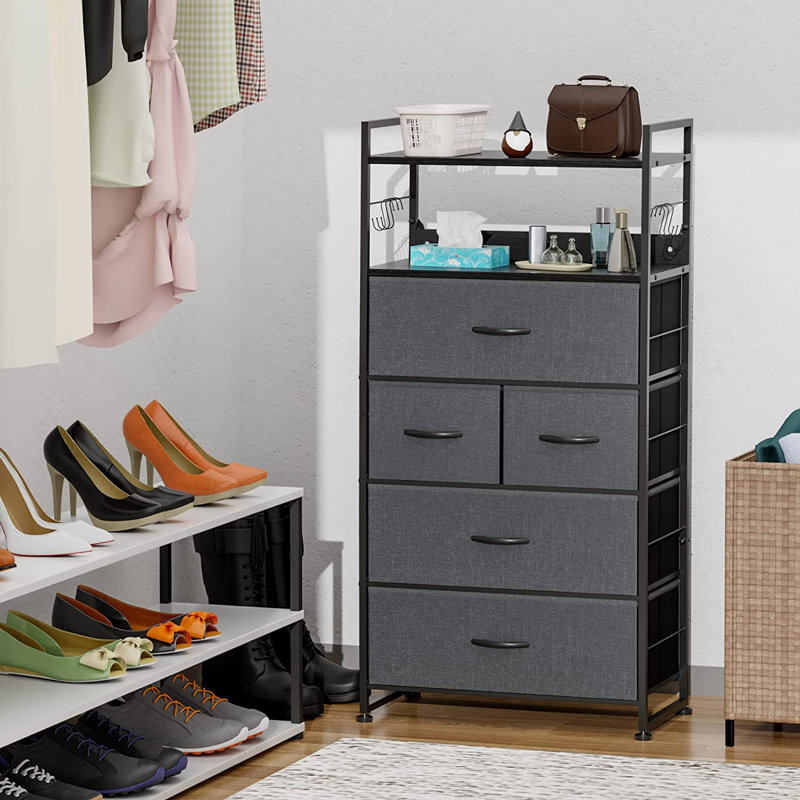 Commode 5 tiroirs avec rangement en bois Ranim, Gris / noir