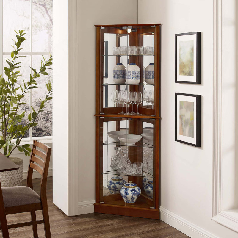 Corner Curio Dispaly Cabinet with Lights, Walnut