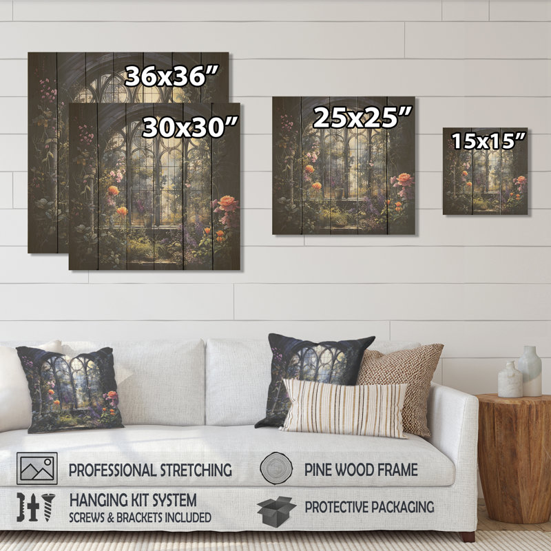 «Floral Gothic Church Church View IV - Floral Window On Wood Print», H 15 po x l 15 po