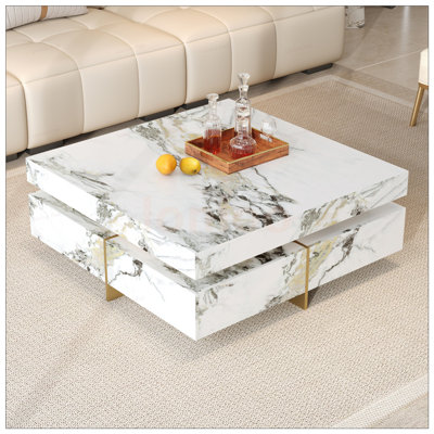 Modern Square Marble Textured Coffee Table With 4 Drawers And Suspended Base For Elegant Storage