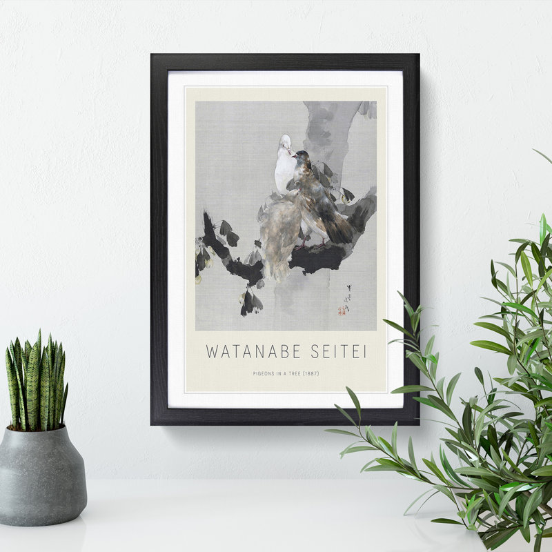 Pigeons in a Tree by Watanabe Seitei - Picture Frame Painting, 36cm H x 27cm W x 2cm D, Black