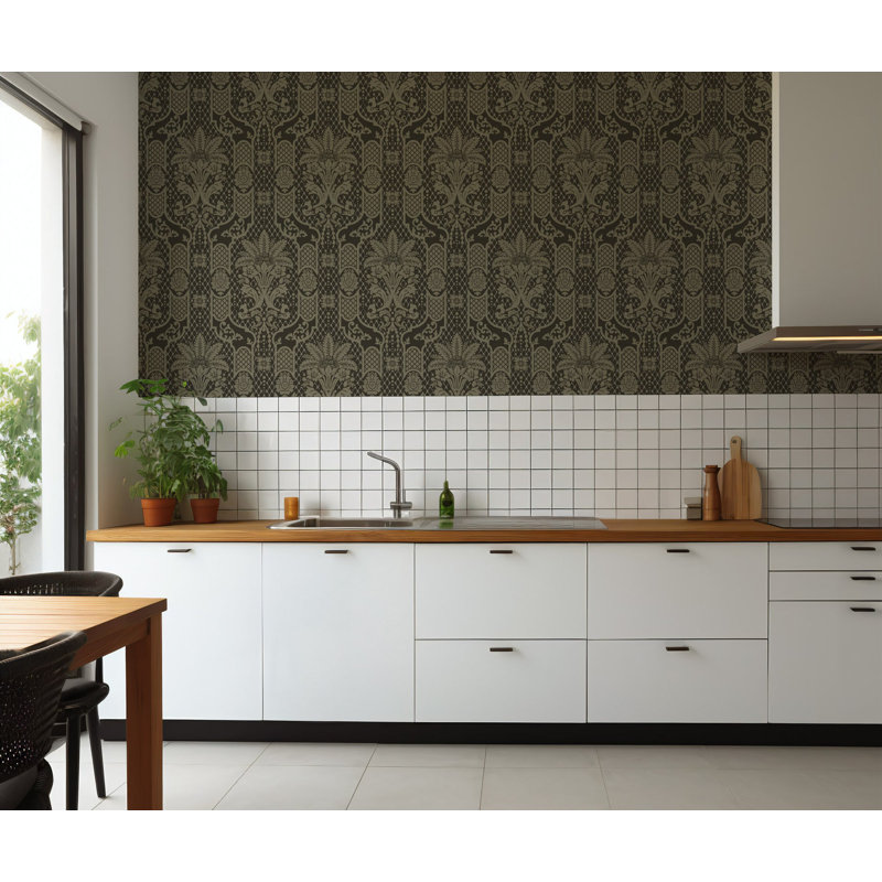Columnar Bloom - Wallpaper, Faux Grasscloth, Non-Pasted, Black; Tan
