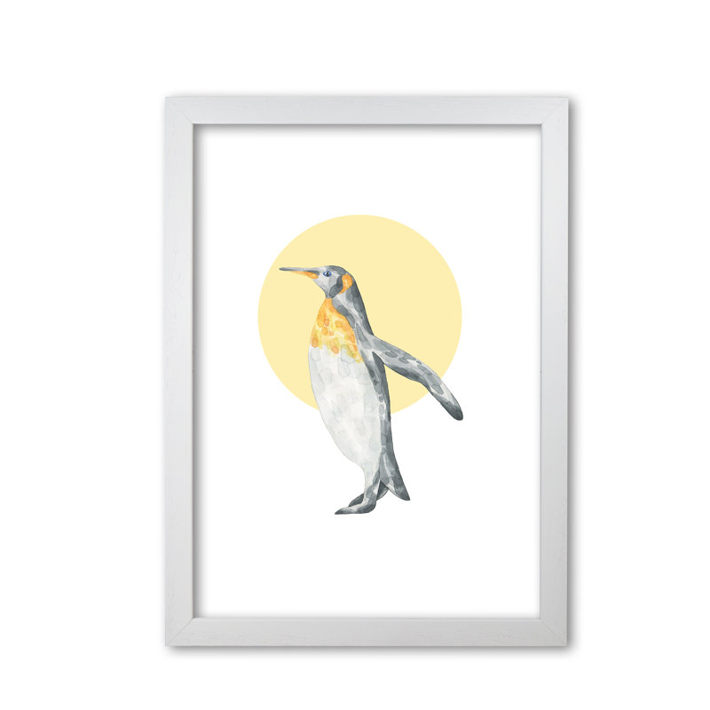 Watercolour Penguin With Yellow Circle - Painting, White Grain Frame, 42 cm H x 30 cm W x 5 cm D