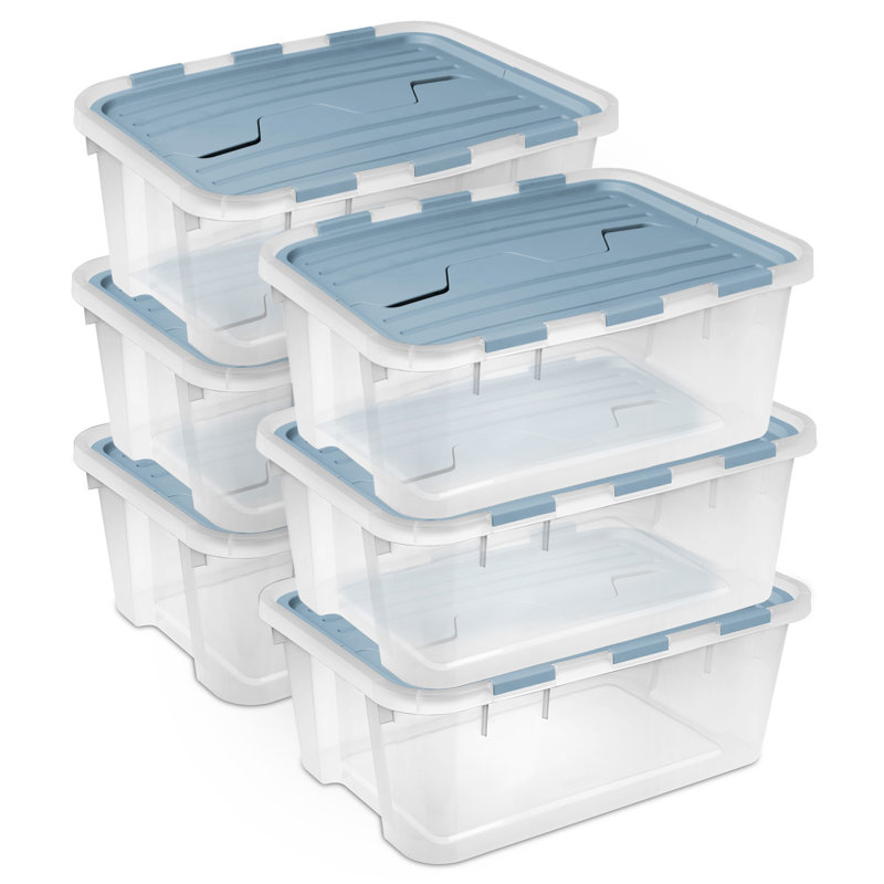 Sterilite 40 Qt Hinged Lid Storage Box, Plastic Container, Washed Blue, 6 Pack, 40 qt.