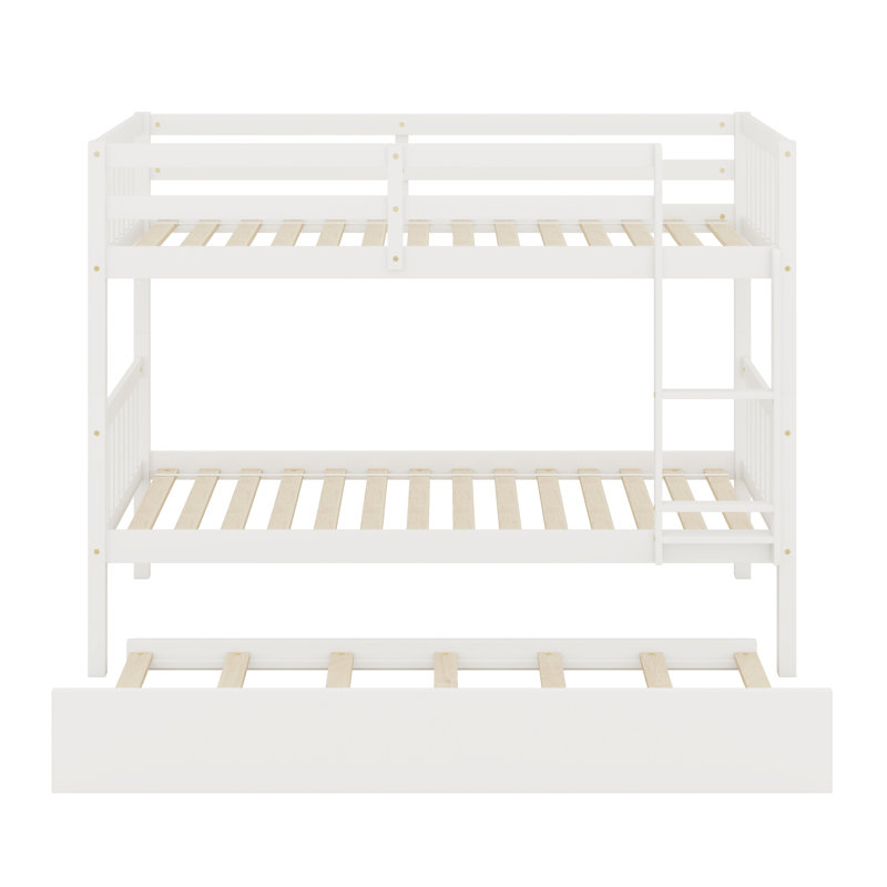 Rubber Wood Bunkbed With Trundle And Ladder,Convertible Into Two Beds, White