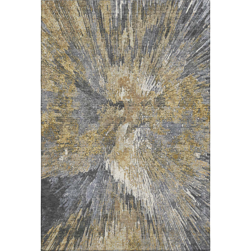 Premium Machine Washable Mayfield AMF2283 Abstract Rug, Gold, 10' x 14'