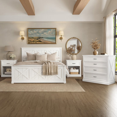 Ensemble de chambre avec grand lit 4 pièces avec lit plateforme en bois, 2 tables de chevet et commode Retro Farmhouse