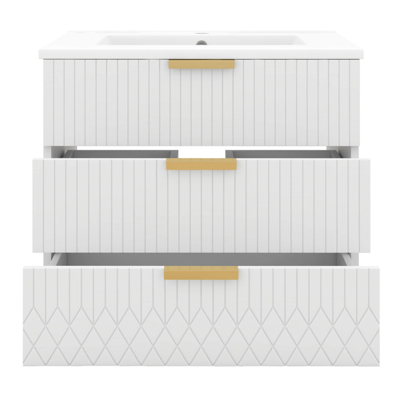Meuble-lavabo 24 po avec lavabo, meuble-lavabo flottant à 2 tiroirs, meuble-lavabo mural avec lavabo en céramique, Blanc