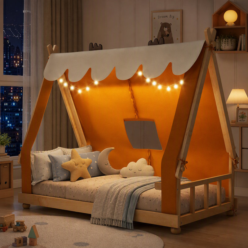 Lit simple avec tente et lumière, Twin, Brown