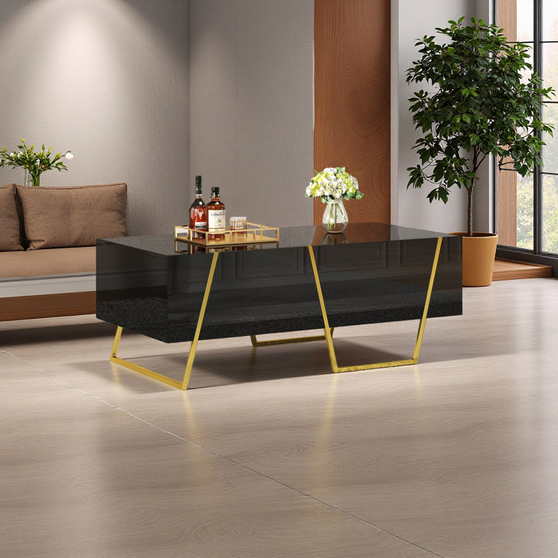 Table basse rectangulaire moderne ultrabrillante pour le salon avec rangement et base dorée, 4 tiroirs