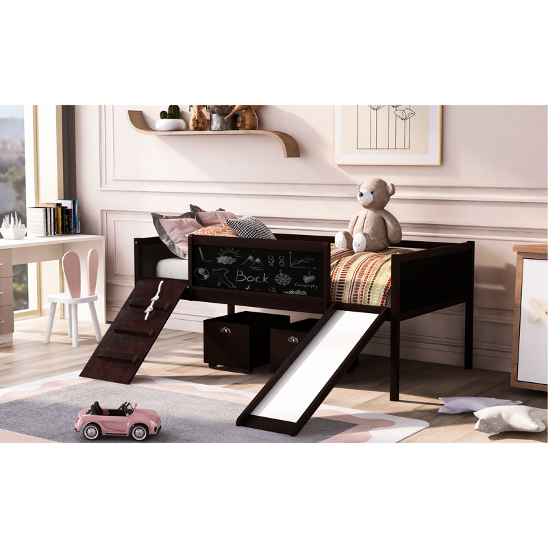 Twin Loft Bed - . Two Storage Boxes Included. Pine Wood Build Frame. Climbing Frame & Rope Entertainment. Double Chalkboard Inspirational. Slide For Quick Exit Size Boxes. Inspiration. Fast