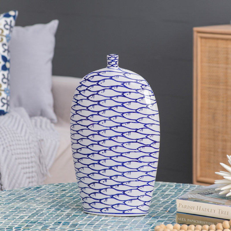 9x3.5x16" Round Blue and White Hand Painted Accent Vase with Fish Pattern, 15.9" H x 9" W x 3.5" D