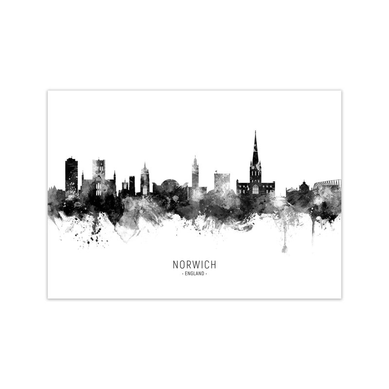 Norwich England Skyline Black White City Name by Michael Tompsett - Print, 42cm H x 59cm W x 1cm D, Unframed
