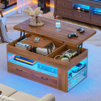 Table basse à plateau relevable, tables basses 4 en 1 avec rangement et compartiment caché, table basse de style campagnard