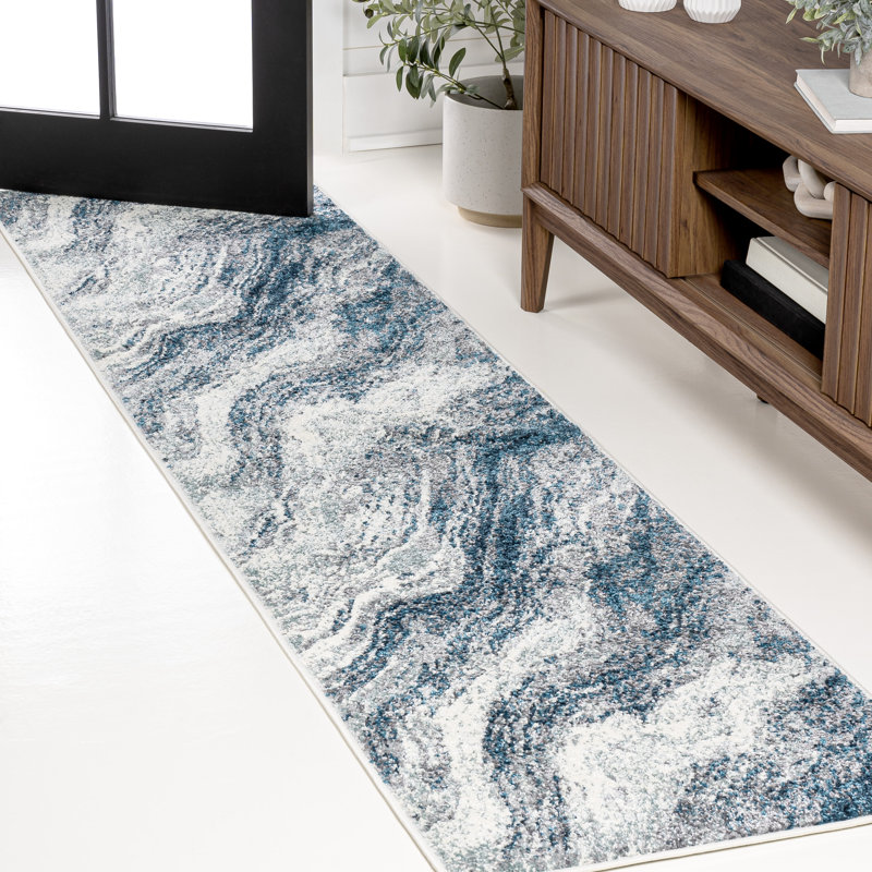 Olvin Contemporary Glam Abstract Marble Navy/Cream Rug, Runner 2' x 8'