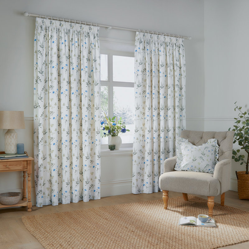 Meadow 100% Cotton Pencil Pleat Curtain Panel Pair, 168cm Width x 137cm Drop