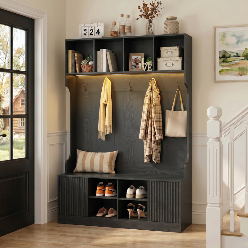 Arbre d'entrée 47,2 po avec banc et rangement pour chaussures, banc d'entrée polyvalent avec portemanteau, 5 crochets doubles et 8 compartiments ouverts