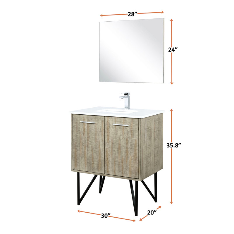 Rustique 30 po Meuble-lavabo large pour la salle de bain avec comptoir en quartz blanc, robinet et surface de miroir l 28 po x P 20