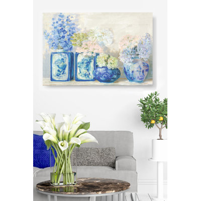 Chinoiserie, vase, bol, pot, fleurs, dephiniums, hortensias, floral, lilas, porcelaine, bleu, blanc, vert, crème, rose, sur tablette