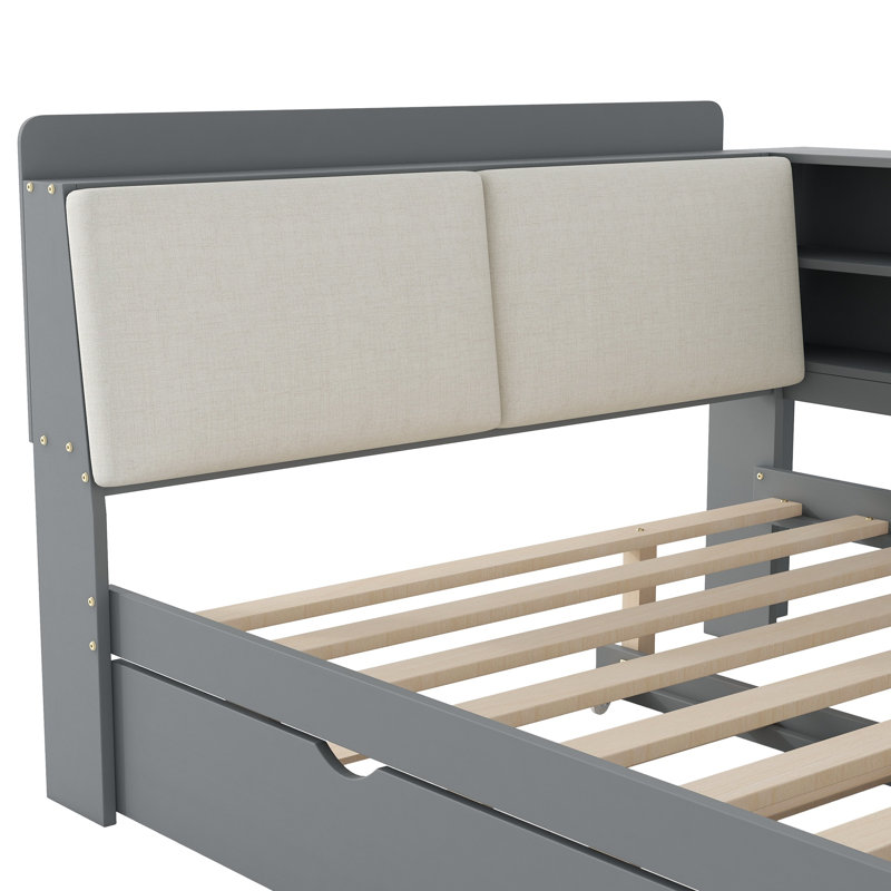 Lit plateforme en bois avec lit gigogne, tablettes et tête de lit en bois, Gris