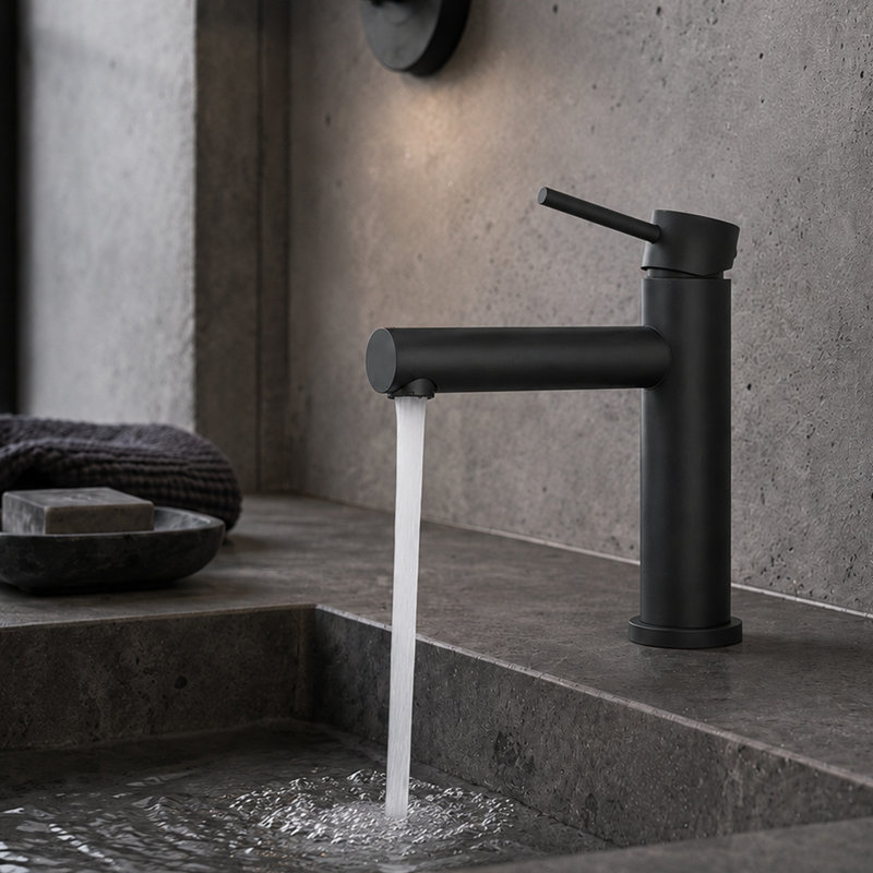 Robinet de lavabo de salle de bain à un trou, poignée simple avec drain Noir, Noir mat