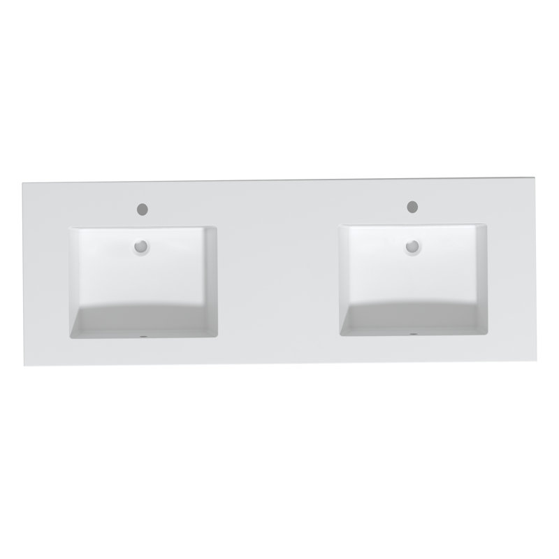 60-Inch Modern White Engineered Stone Double Vanity Top with Dual Integrated Rectangular Sinks