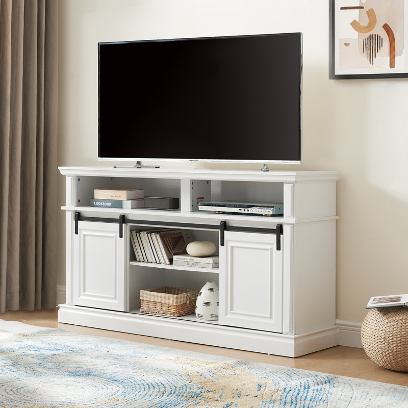 Meuble télé 65 po avec bordure en pierre artificielle, Blanc antique