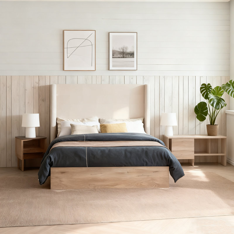 Lit à oreilles tapissier / tête de lit haute / base en bois / rustique / maison de campagne moderne / neutre / scandinave