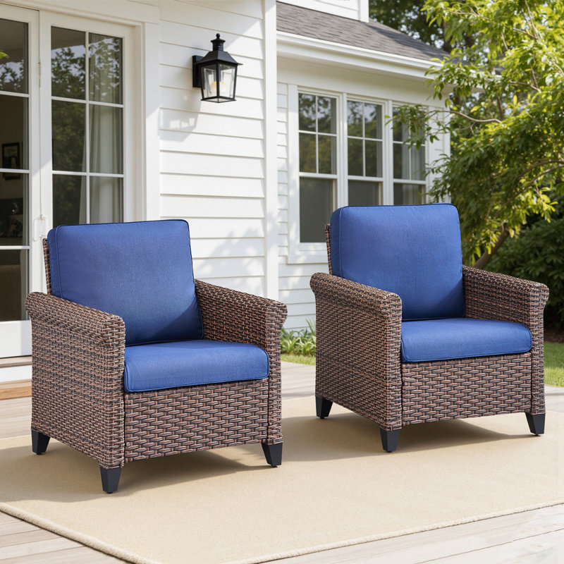 Ensemble de 2 chaises d'extérieur simples en rotin et osier avec coussins, Bleu