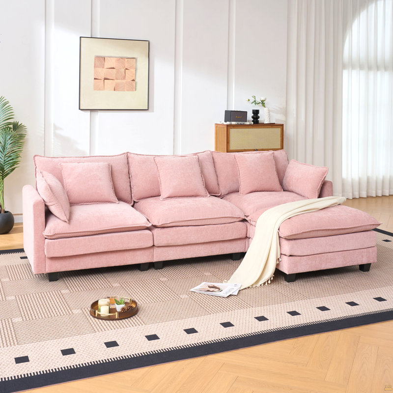Canapé 3 places avec repose-pieds avec rangement, Rose