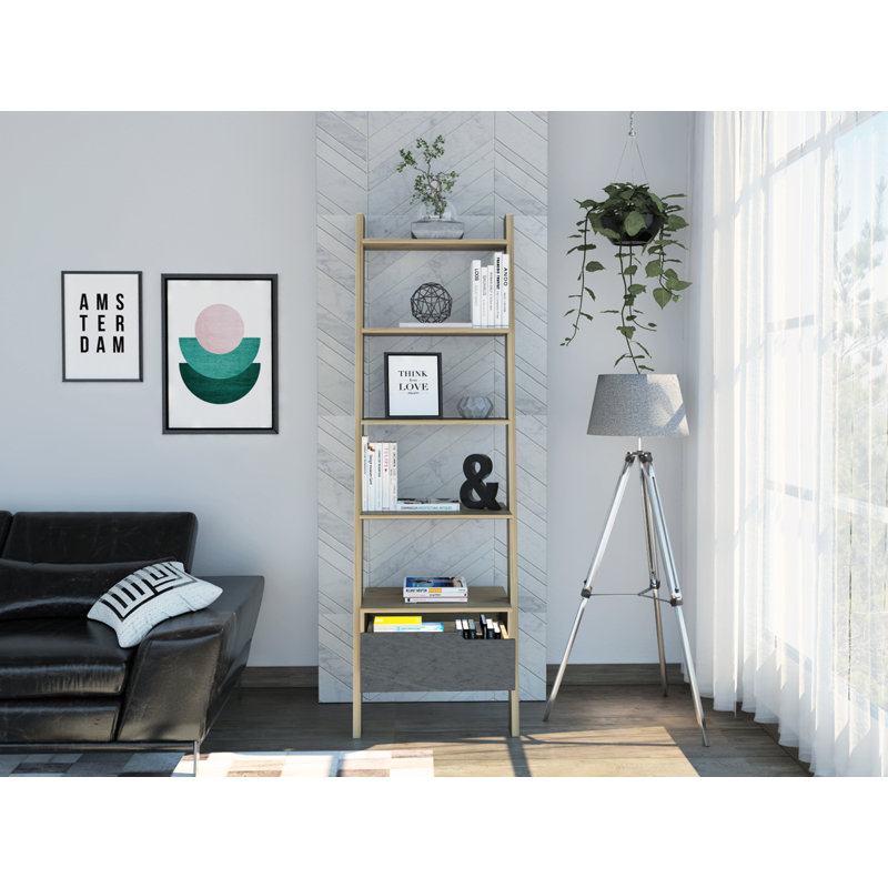 Duflos 5 Shelf Tall Ladder Bookcase with Drawer