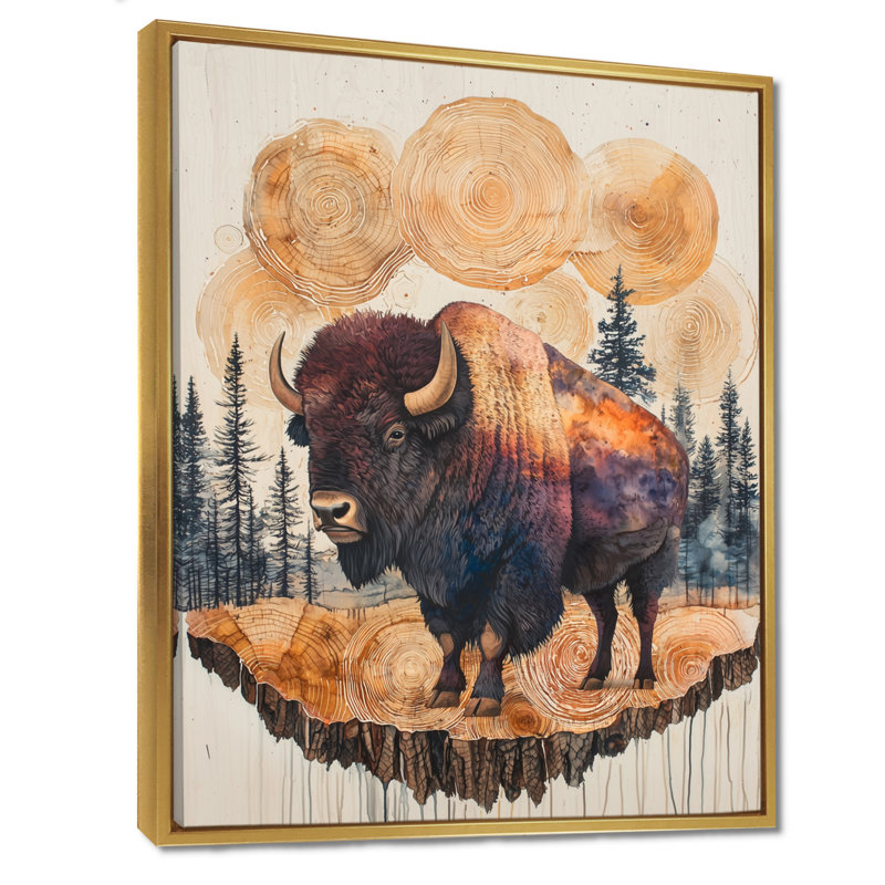 Ginni American Bison Into The Prairies I - Bison, art encadré, H 32 po x l 16 po, Reproduction avec cadre flottant, Doré