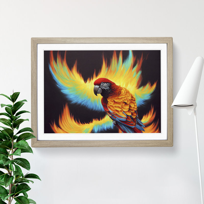 Flaming Macaw Parrot 1 Piece Single Picture Frame Wall Art, 25cm H x 34cm W x 2cm D, Oak