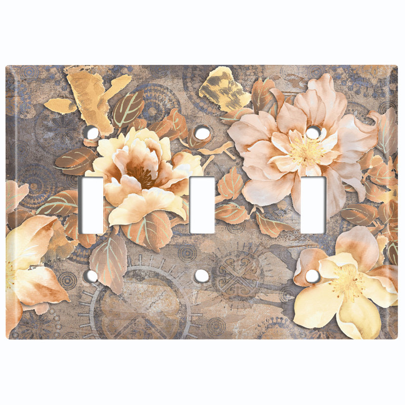 Flower Beige Damask Print 3 - Gang Toggle Light Switch Standard Wall Plate