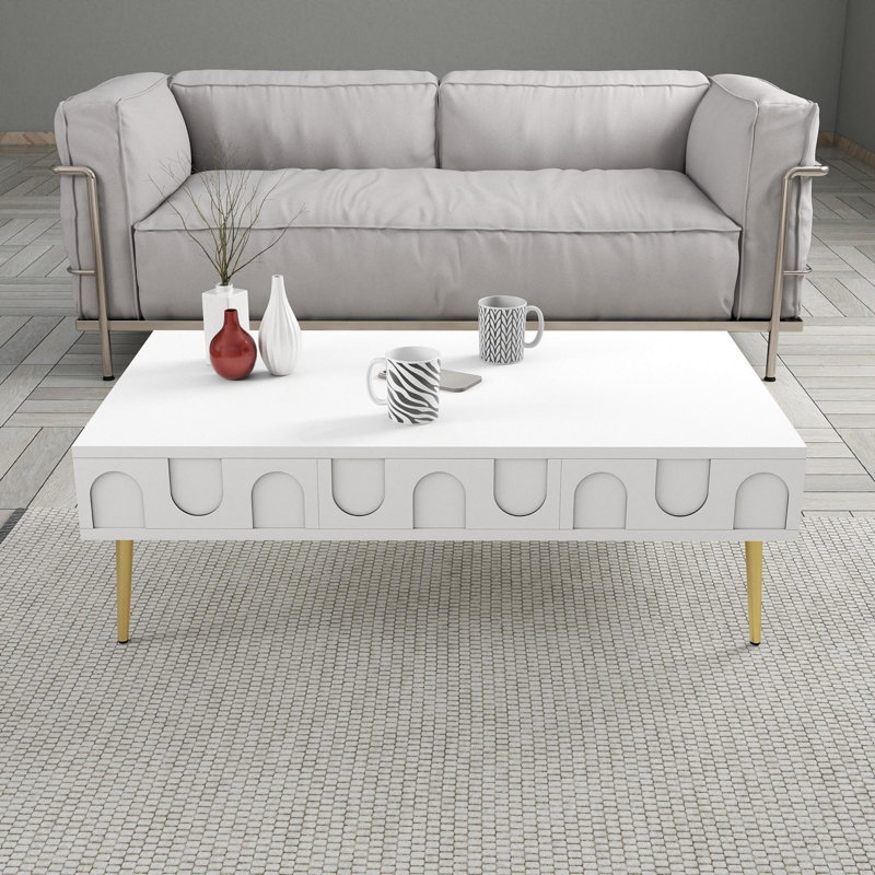 Modern White & Gold Coffee Table, 41.3 x 13.2 x 23.6 inches | 100% Melamine Coated Particle Board, Thickness: 0.7 inches | Elegant Geometric Design Perfect for Glam Living Rooms & Contemporary Spaces
