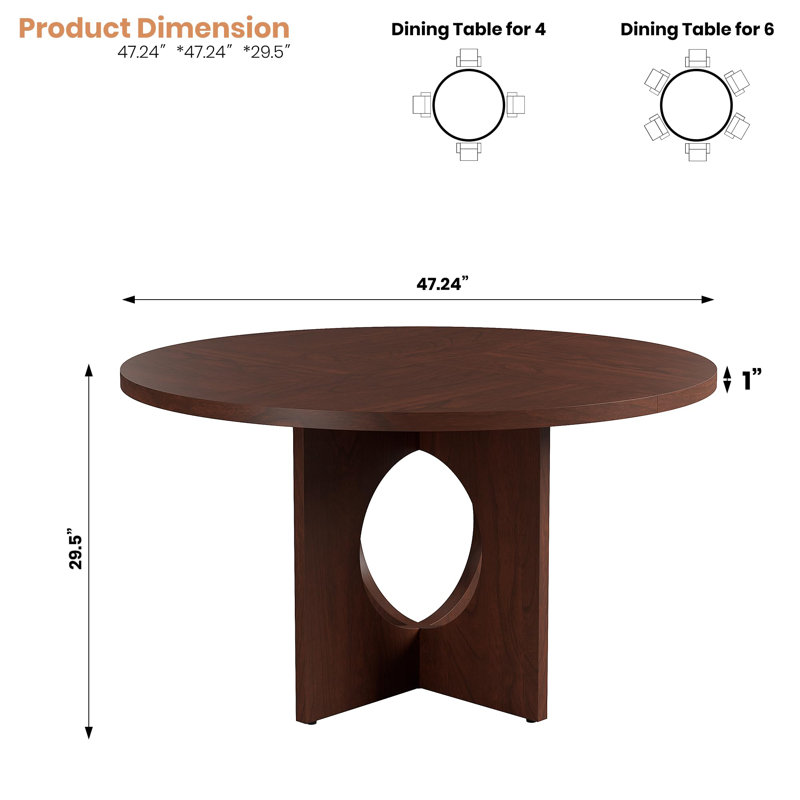 Table de salle à manger 47 "pour 4-6, table de cuisine moderne avec base piédestal robuste, Noyer